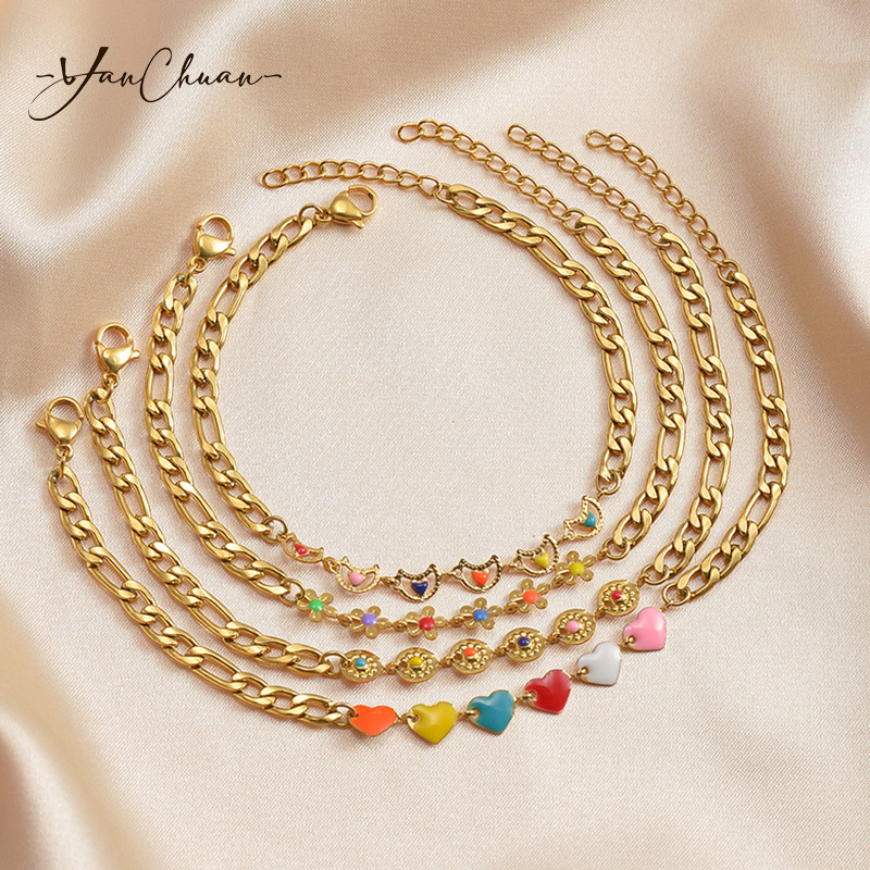Moon, Heart Shape, Flower Pattern Women's Gender Enamel Design Casual Simple Style Moon Heart Shape Flower 304 Stainless Steel Bracelets In Bulk
