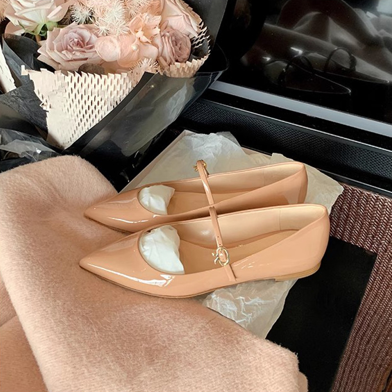 Grape Mom nuevo estilo estilo coreano temperamento charol pequeño puntiagudo se ve delgado con boca poco profunda pequeños zapatos planos de tacón bajo mujeres