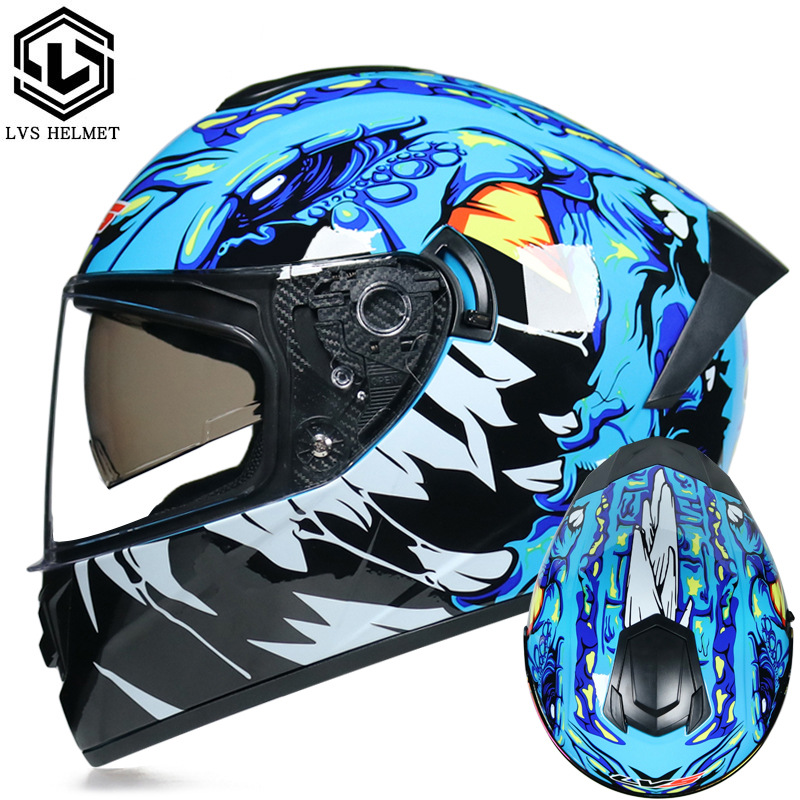 Coche eléctrico con casco completo, casco completo de otoño e invierno, coche eléctrico de carreras de imitación, coche eléctrico masculino, caballero, doble lente, cola larga