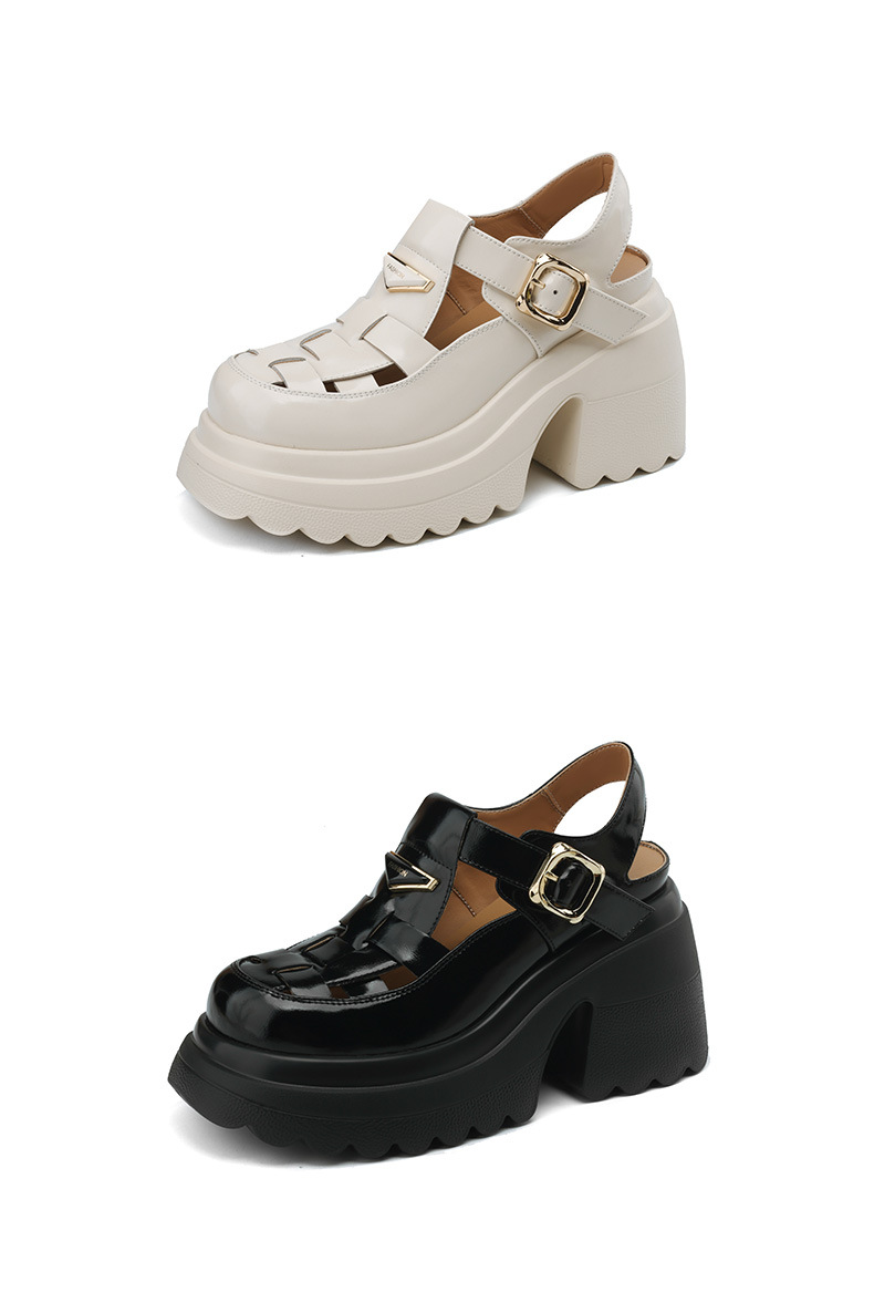 Sandal bít mũi đế độn cao 10cm phong cách La Mã dệt kim hở gót cho nữ — Màu be, Màu đen chi tiết 18