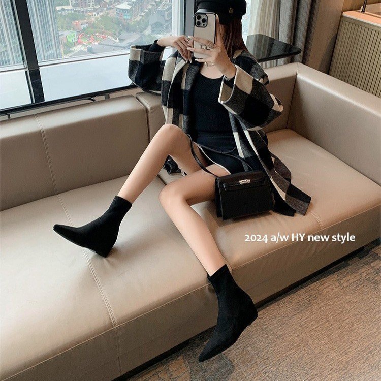 欧美2025秋冬新款简约磨砂绒面平底袜靴平跟瘦瘦靴气质尖头短靴女|undefined