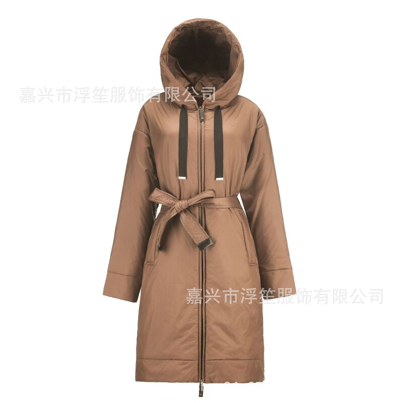 Cross-Border In-Stock Italian Max Brand Camel Hair-Filled Hooded Belt Ultra-Light Zero-Pressure Mid-Length Cotton Coat Lightweight