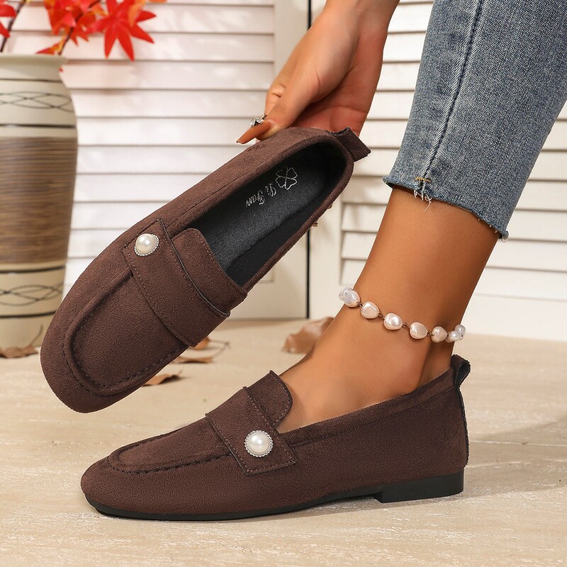 New Style Foreign Trade British Loafers for Women, Flat Pearl Slip-On Shoes, Spring and Autumn Casual Soft Leather Lazy Shoes, Cross-Border Single Shoes