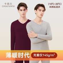卡森兰纯棉V领秋衣秋裤男士薄款打底修身单件保暖内衣中老年套装