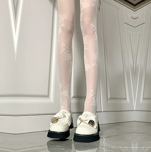 Japanese spring and summer milk white embroidered rose jacquard stockings anti-snag ultra-thin lace jk pantyhose for women