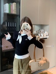 假两件拼接长袖T恤女秋季2025新款修身显瘦气质复古百搭套头上衣