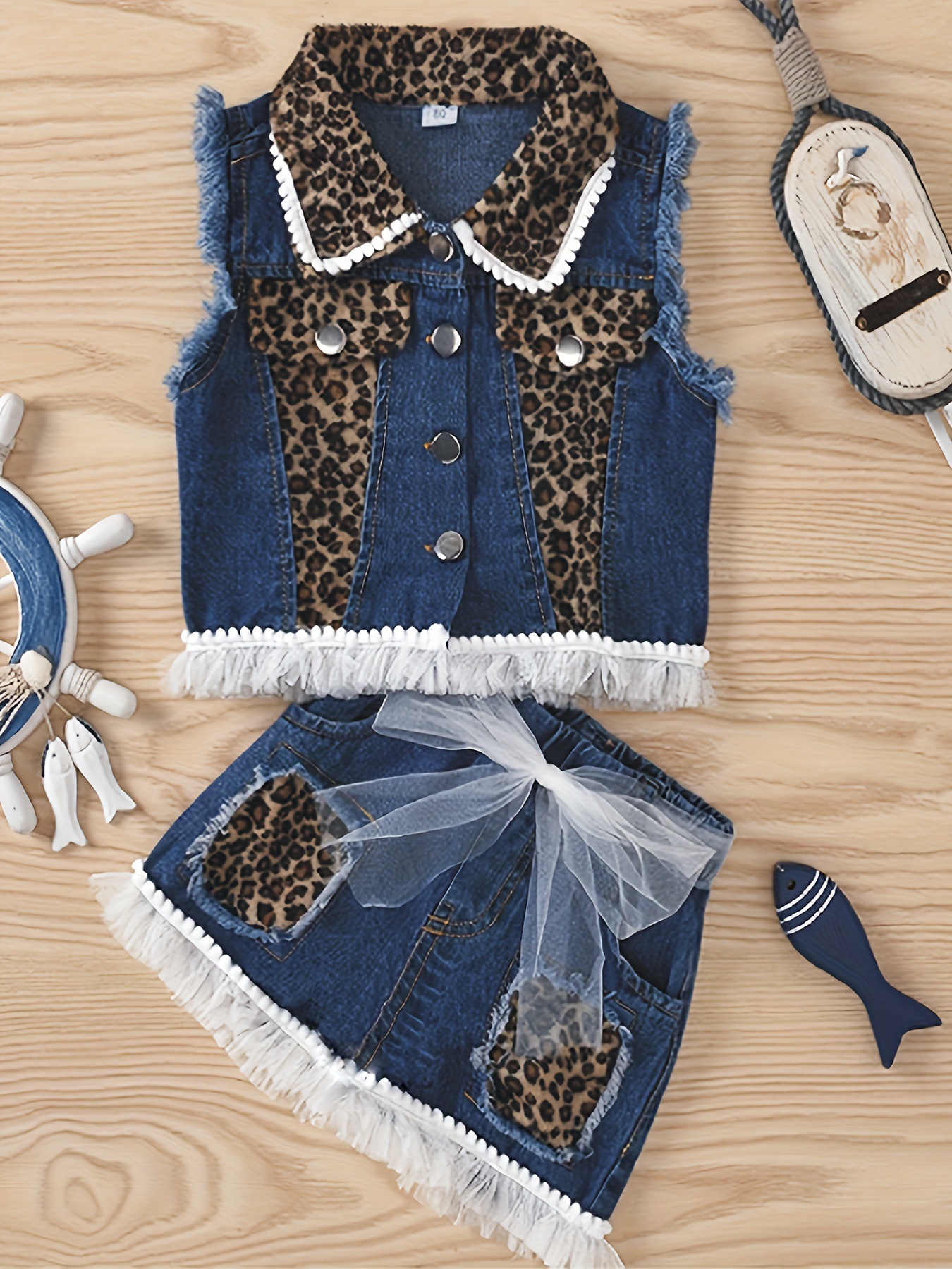 Flickset ärmlös jeansöverdel och shorts med leopardmönster_voghion.com