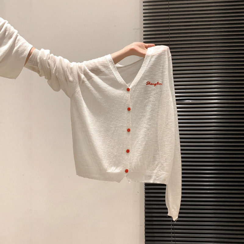 White Thin Semi-Transparent Long-Sleeve Sun-Protective Knit Cardigan for Women, 2026 Summer New Style, Unique Design, Stunning Top White Thin Semi-Transparent Long-Sleeve Sun-Protective Knit Cardigan for Women, 2026 Summer New Style, Unique Design, Stunning Top