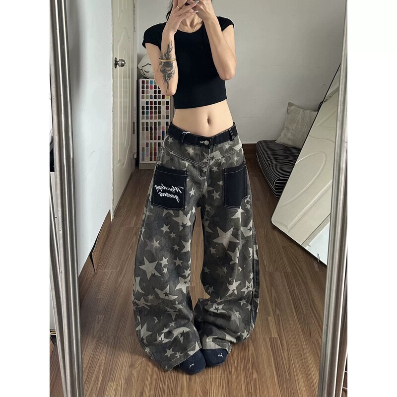Camouflage Star Print Scimitar Jeans Pants for Men and Women 2026 Summer New Style Color-Blocking Pocket Floor-Length Wide-Leg Pants Camouflage Star Print Scimitar Jeans Pants for Men and Women 2026 Summer New Style Color-Blocking Pocket Floor-Length Wide-Leg Pants