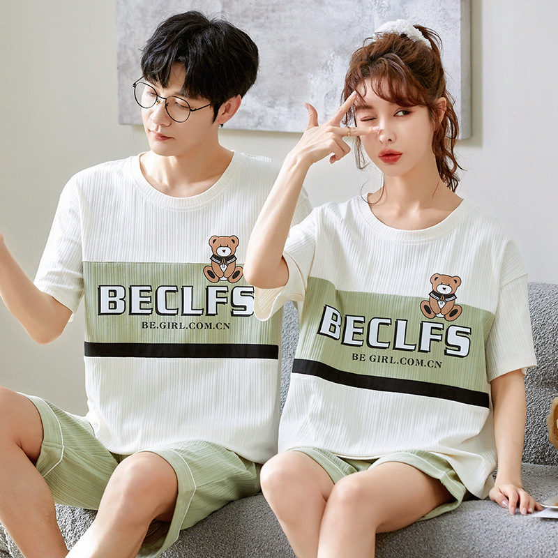 New Couple Short-Sleeved Shorts Pajamas Women's Summer Thin Combed Cotton Men's Homewear Suit Loose Casual Cartoon