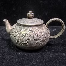 仿古做旧精品荷花复古纯铜镀银茶壶 铜摆件工艺品文创复古