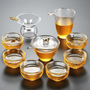 描金玻璃茶具套装功夫茶家用加厚透明简约速冲办公室泡茶茶壶茶杯