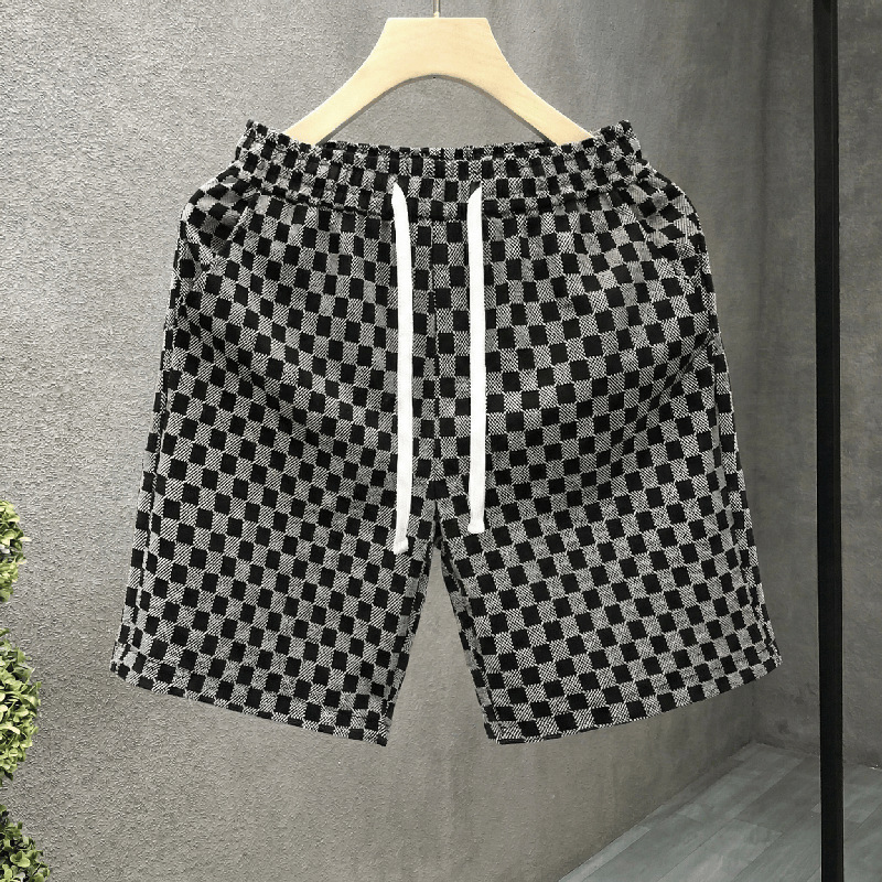 Men's Summer Casual Houndstooth Print Shorts, Loose Fit Straight Leg 5-Inch Inseam High Street Retro Style Shorts For Daily Streetwear_viptrois.com