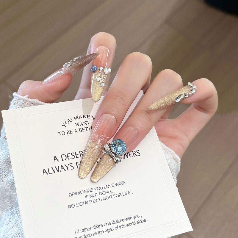 Handmade Wearable Nails, Sparkling Cat-Eye French Gold Cat-Eye Nails, Pure Lust Atmosphere, Whitening Ladylike Style Nail Art Stickers Handmade Wearable Nails, Sparkling Cat-Eye French Gold Cat-Eye Nails, Pure Lust Atmosphere, Whitening Ladylike Style Nail Art Stickers