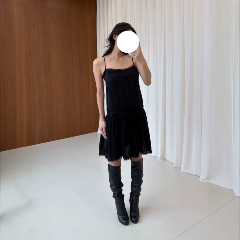 In-stock trendy "Slip-on Little Black Dress" lace patchwork camisole dress in black