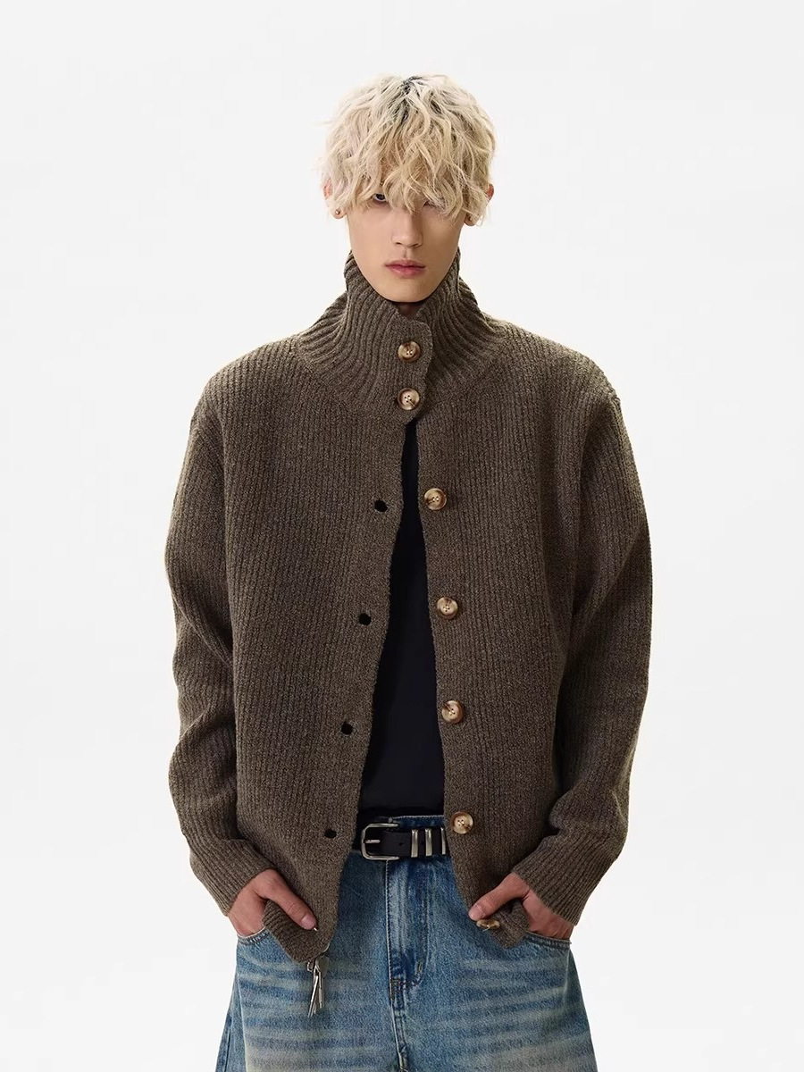 Autumn and Winter New Stand Collar Button Knit Cardigan Men's American Retro Trendy Simple Versatile Lazy Sweater Jacket