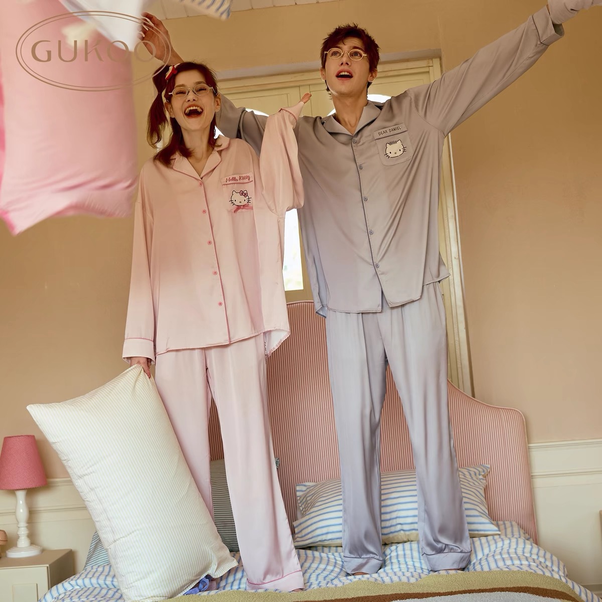 2025 Nutshell Same Style Couple Pajamas Spring New Long-Sleeved Ice Silk Loose Suit Can Be Worn Outside Home Clothes for Women