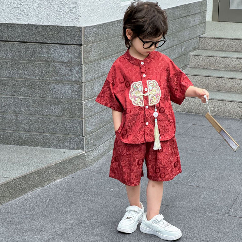 新しい子供の中国風スーツ夏の男の子の唐スーツ漢服半袖9点パンツ古代スタイルの新しい中国風の2点セット|undefined