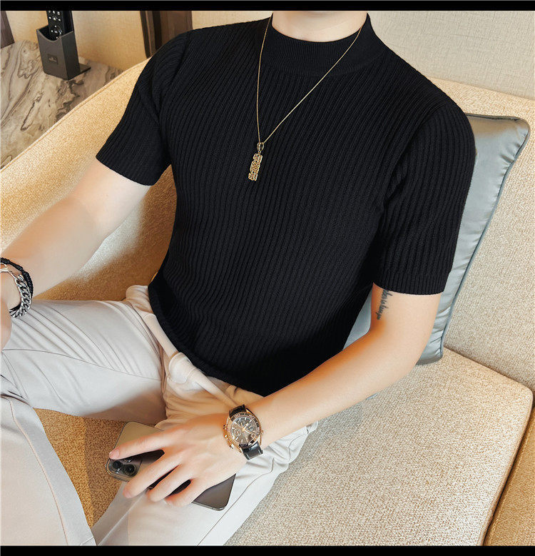 Herren Schwarz Hochgeschlossener Kurzarm Strickpullover Slim Fit_voghion.com