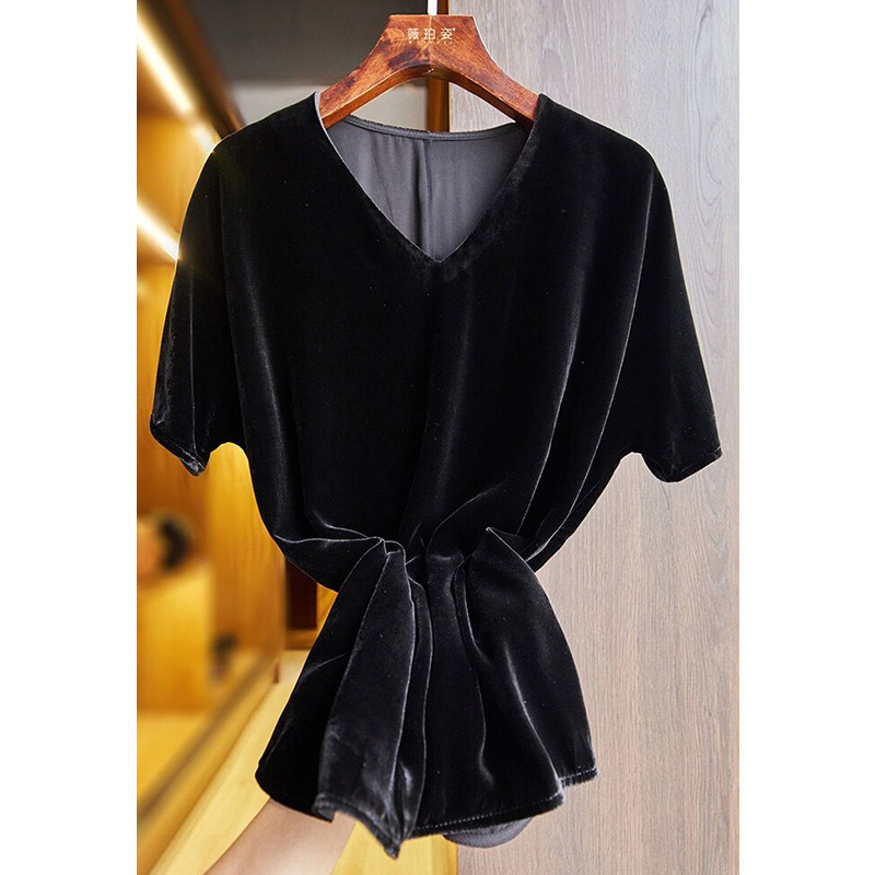 566 Vネック半袖黒シルクベルベットトップス、S M L XL XXL、深セン南油卸売！|undefined