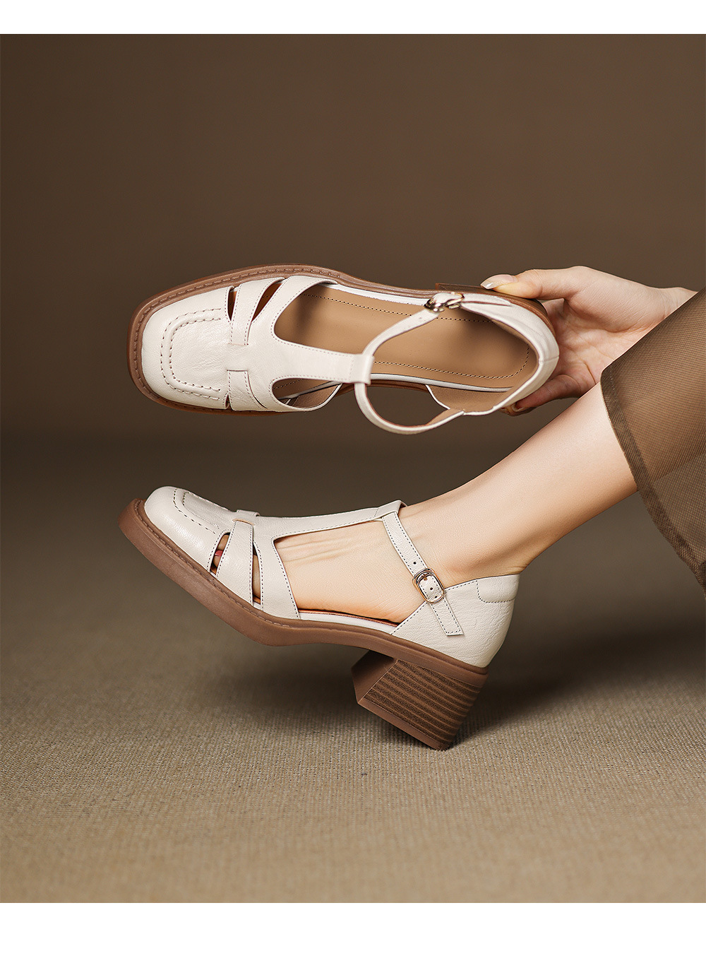 Sandal nữ quai hậu da thật dệt kiểu retro, gót dày, mũi nhọn, đế mềm — Màu trắng nhạt chi tiết 6