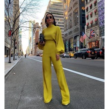 2022春季欧美女装纯色半高领高腰修身灯笼袖阔腿裤连体裤显瘦通勤