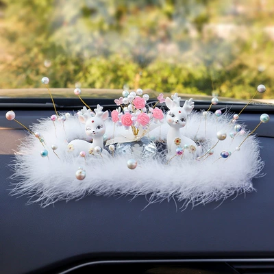 New online celebrity couple deer Car ornaments - colorful-starry-pearl-feather-pad-diamond-couple-deer-white-colorful-pink-rose-starry-sky