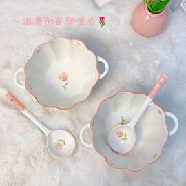 郁金香陶瓷双耳碗网红早餐沙拉碗烤碗创意泡面碗汤碗家用烘焙专用