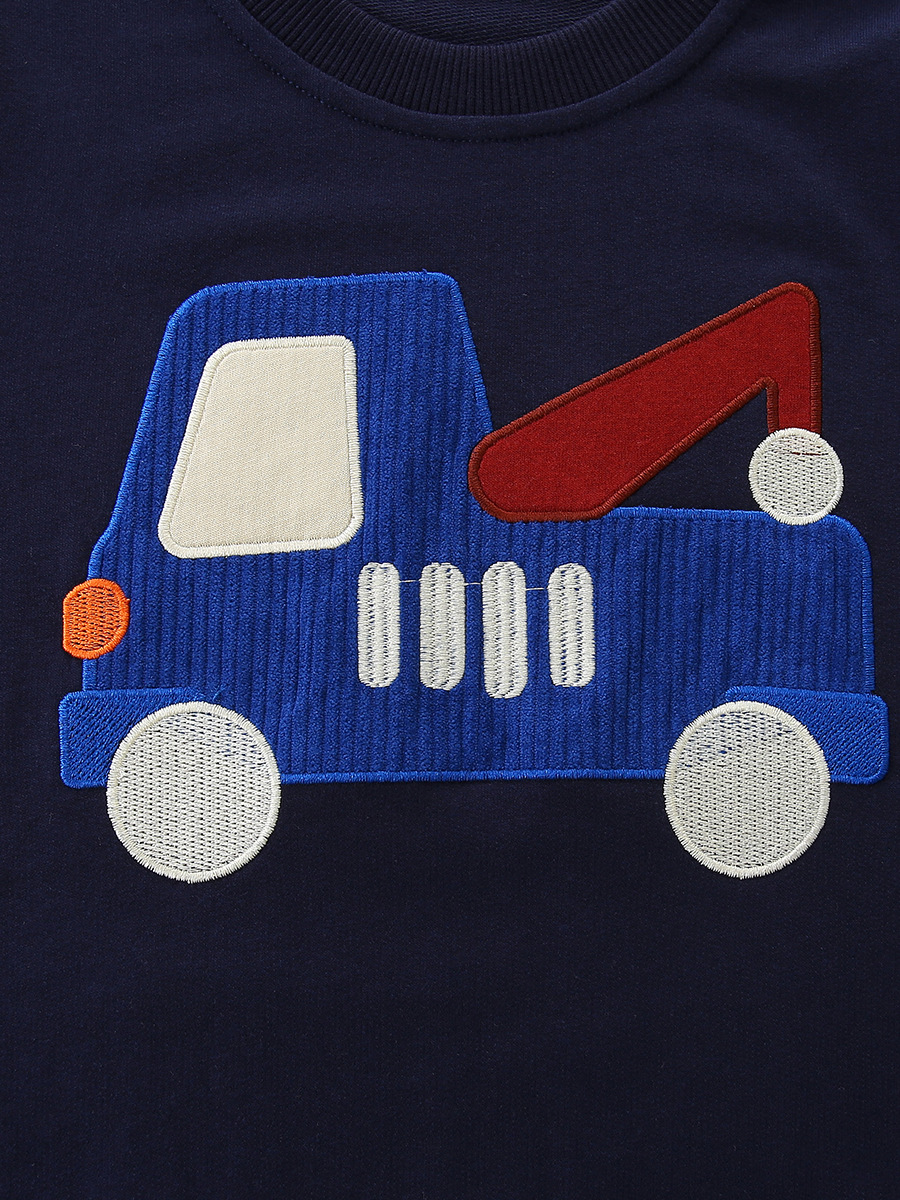 Sudadera de estilo europeo y americano para niños, modelo nuevo otoño 2026, sudadera de manga larga para niños pequeños con estampado de coches, disponible al por mayor.