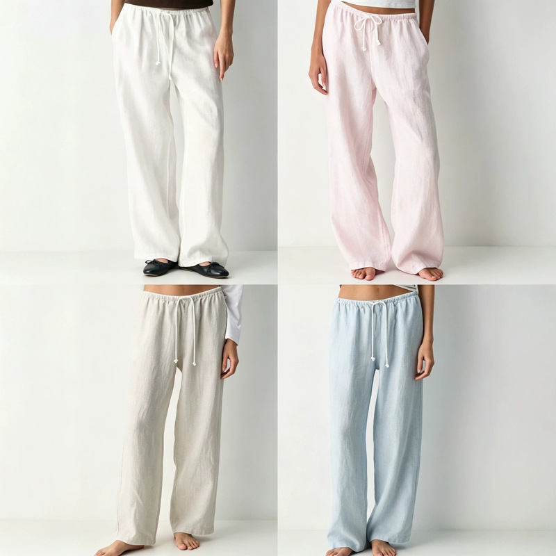 Aritzia New Summer Style High-End Linen Wide-Leg Pants for Women, Low-Waist Drawstring Loose Slimming Vacation Pants for Women