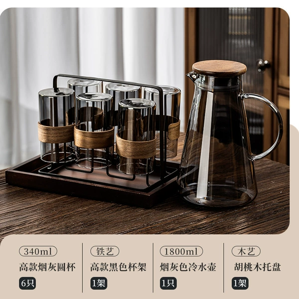 340ML ash wood ring cup x6+cup holder+kettle+walnut color tray☆