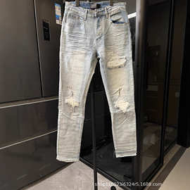 正确版本AM家25SS新款膝盖刀割破洞拼白皮水洗牛仔裤潮奢百搭情侣