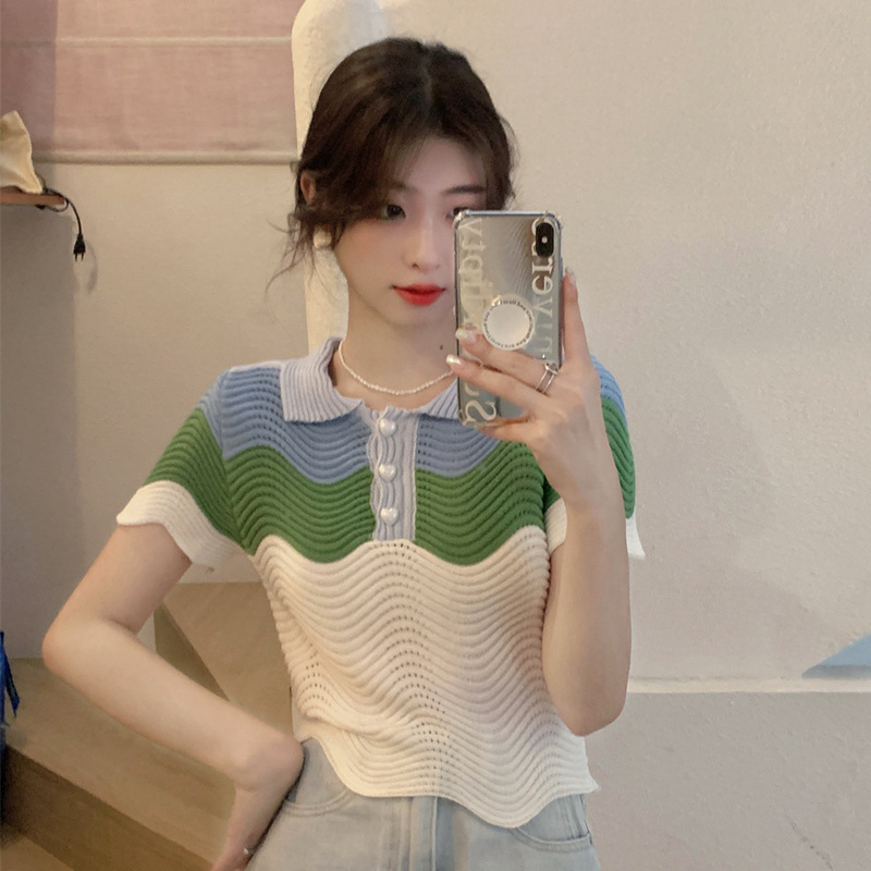 夏季韩版2022新款修身显瘦小众拼色短款洋气chic短袖针织衫上衣女