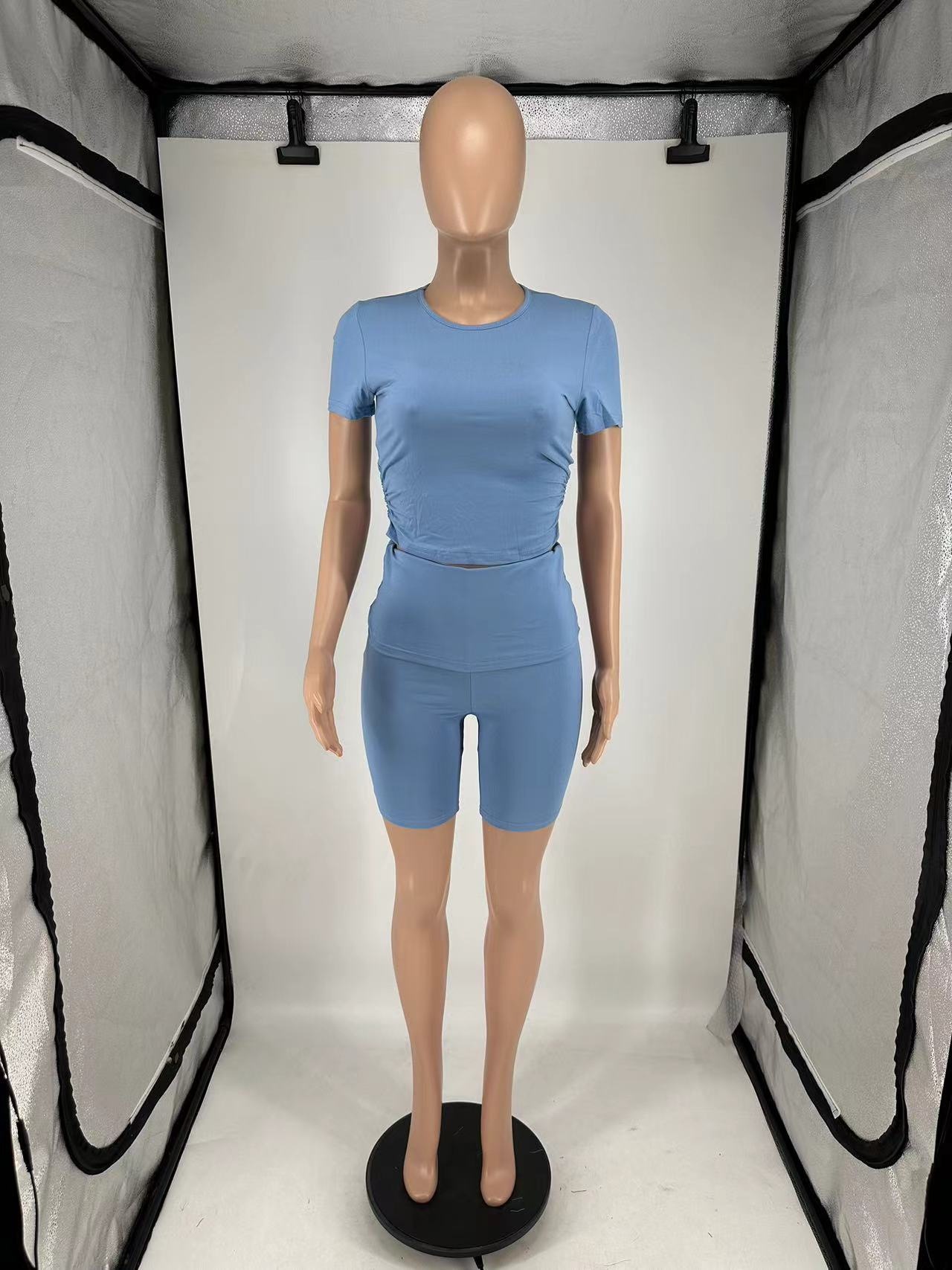 Women's Casual Short Sleeve Top + Roll-Up Shorts Set – Trendy Two-Piece Outfit (Black/Light Gray/Blue/Pink, S-Xl)_ecoleips.com