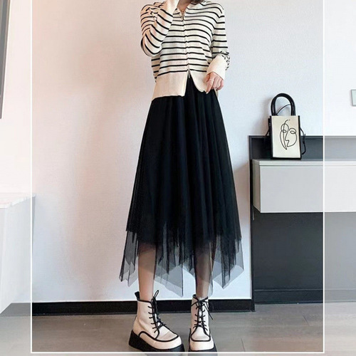 Irregular mesh half skirt 2025 new model all-season wearable medium-length versatile high-waist slimming large swing skirt