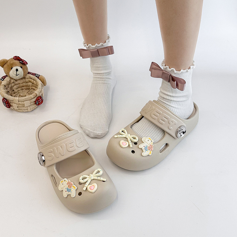 Gentle Cream-Colored Little Pony Clogs for Women with Heart-Shaped Polka Dots and Bowknots, Versatile Summer Slip-On Slippers