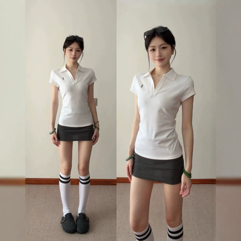 Korean-Style Elegant V-Neck Polo Shirt for Women, Summer Slim-Fit Waist-Cinching Turn-Down Collar Sports Tennis Short-Sleeve Top