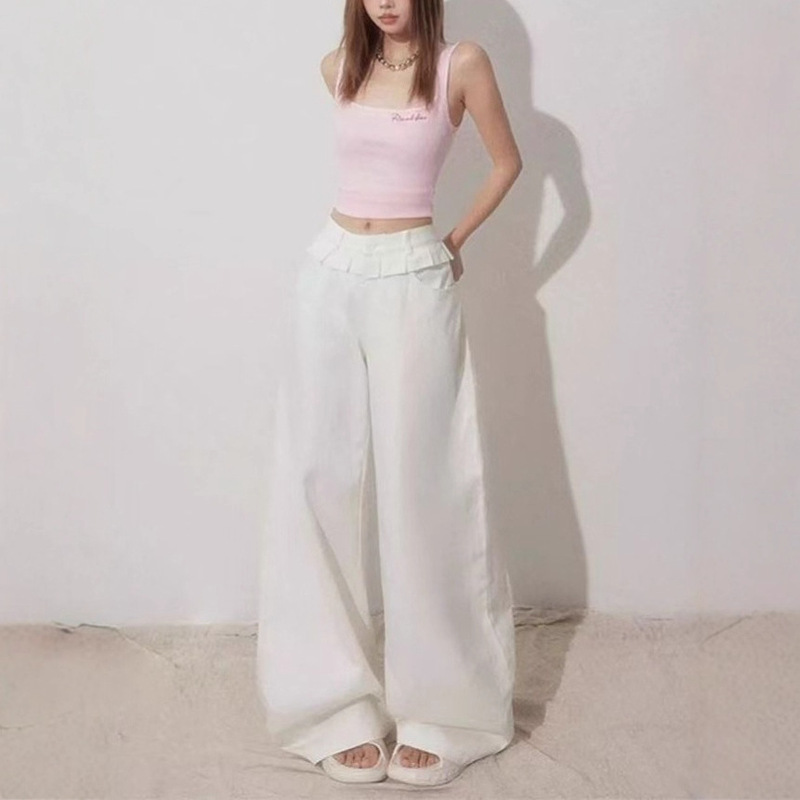 Autumn American-Style White Ruffle Lace Jeans for Female Students, Straight-Leg High-Waisted Design, Floor-Length Wide-Leg Pants, Trendy
