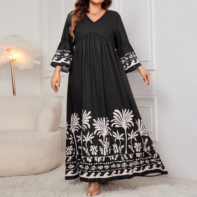 Cross-Border Amazon New Bell-Sleeved Loose Dress European and American Elegant Style V Neck Printed Long Dress for Women