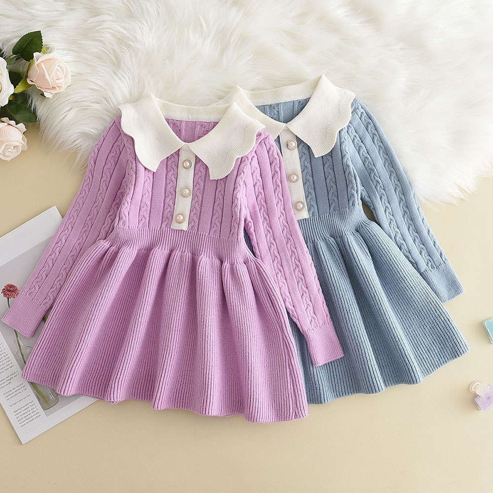 Children's knitting 2023 new lace doll collar Fried Dough Twists slim and versatile solid baby girl dress_voghion.com