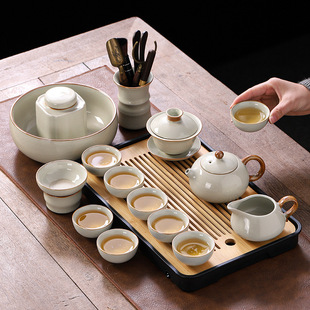 Tea Set suit Light Luxury High-end Household New Ru Kiln Ceramic Cover Bowl Tea Tea Teapot Tea Tray Tea Cup Kung Fu Tea Set