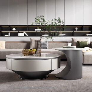 Italian Light Luxury Round Slate Coffee Table Tv Cabinet Combination |   Cream Style Light and Elegant Living Room for Small Apartments