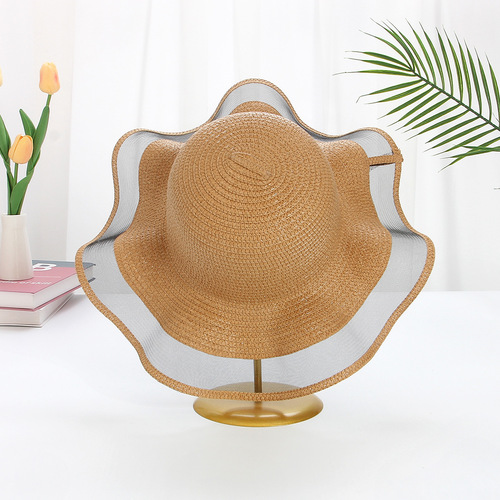 【New Style】Mesh wavy straw hat DIY hat embryo large brim woven straw hat women's seaside sun protection sun hat
