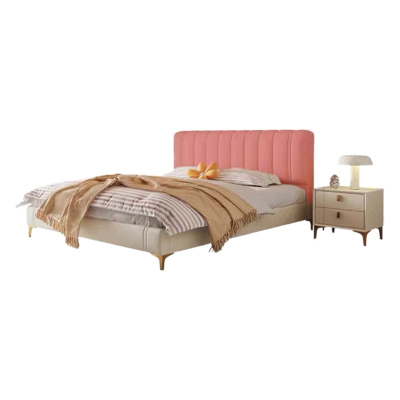 Cama artística de cuero genuino de primera capa, cama matrimonial para dormitorio principal, cama doble minimalista con almacenamiento, cuero de lujo ligero. image 1