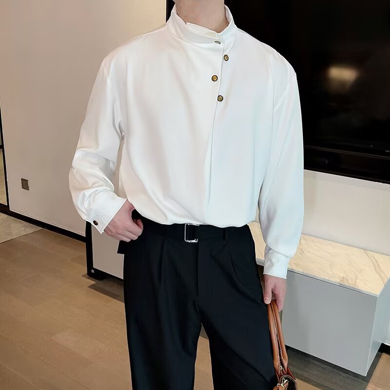 春季中式立领雅痞垂感衬衣男长袖高级感痞帅半纽扣套头衬衫发型师