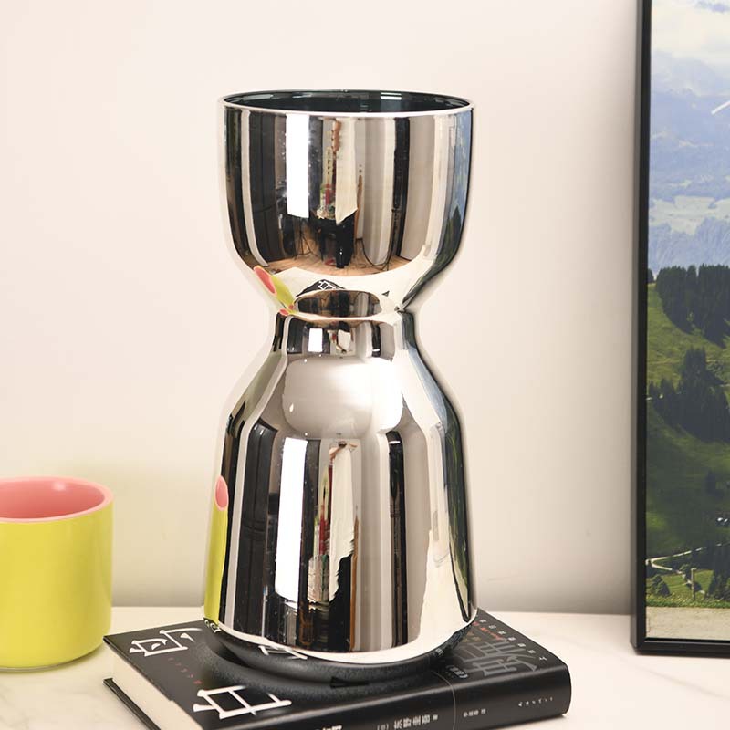 Nuevo nórdico lujo ligero alto sentido plateado jarrón de vidrio de pesas decorativo para el hogar flor flor seca flor