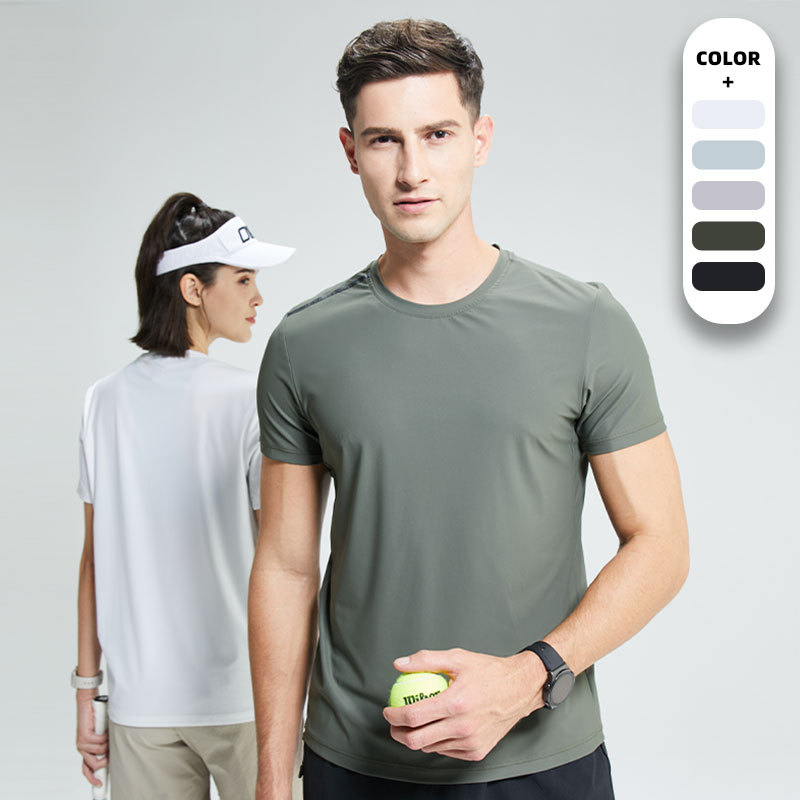 Camiseta impresa de secado rápido para hombres, fitness, cuello redondo suelto, ropa de entrenamiento de seda de hielo de verano, hombres de manga corta