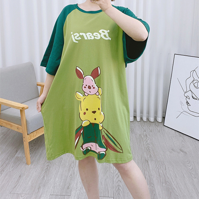 Camisón de las mujeres del verano Delgado manga corta nueva línea rojo estilo pijamas dibujos animados lindo señoras vestido flojo desgaste hogar