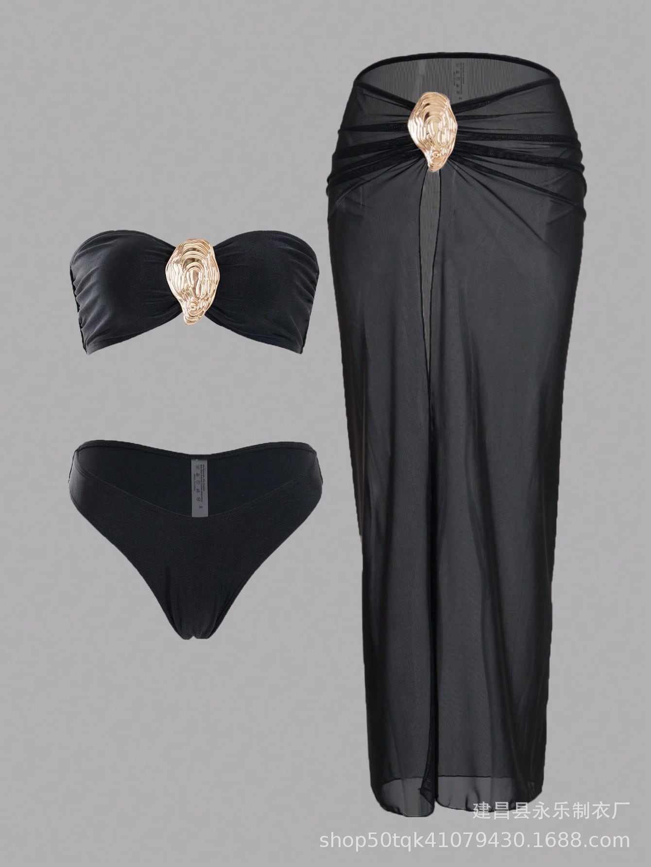 Nuevo traje de baño de bikini dividido con top de tubo de chica sexy, falda larga de mujer, traje de baño transfronterizo europeo y americano de tres piezas con horquilla alta