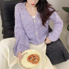 软糯纯色灯笼袖V领针织衫外套女2025秋冬款韩系慵懒风针织衫上衣
